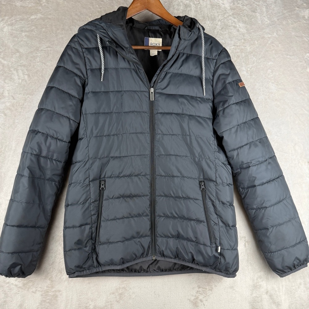 Roxy Womens Black Quilted‎ Lightweight Hooded Puffer Jacket Size Large Full Zip